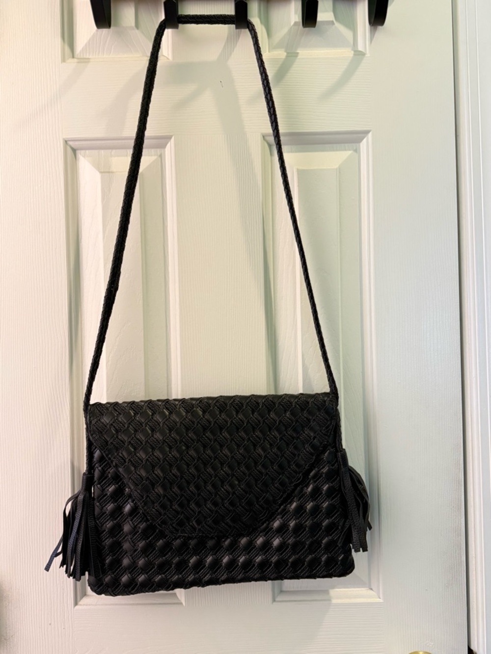 Anthropologie Black Woven Crossbody Bag with Tassels